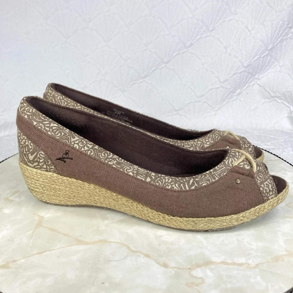 Grasshoppers Peep Toe Espadrille Wedge Shoes Women 8 Brown Comfort Slip On Heels - Picture 2 of 12